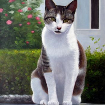 Painting titled "Portrait pet cat 007" by James Shang, Original Artwork, Oil Mounted on Wood Stretcher frame