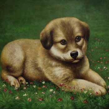 Painting titled "Portrait pet Dog 008" by James Shang, Original Artwork, Oil Mounted on Wood Stretcher frame