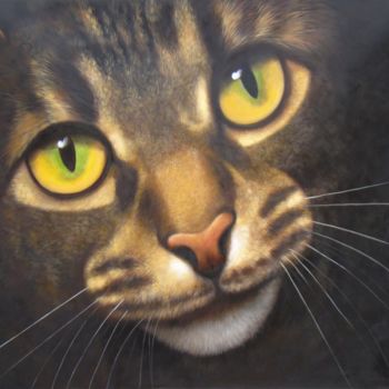Painting titled "Portrait pet cat 009" by James Shang, Original Artwork, Oil Mounted on Wood Stretcher frame