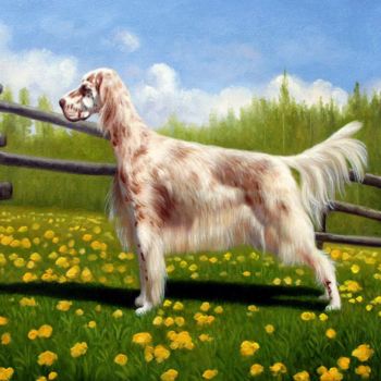 Painting titled "Portrait pet dog 010" by James Shang, Original Artwork, Oil Mounted on Wood Stretcher frame