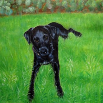 Painting titled "Portrait pet dog 012" by James Shang, Original Artwork, Oil Mounted on Wood Stretcher frame
