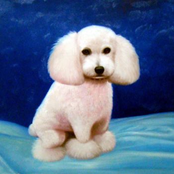 Painting titled "Portrait pet dog 018" by James Shang, Original Artwork, Oil Mounted on Wood Stretcher frame