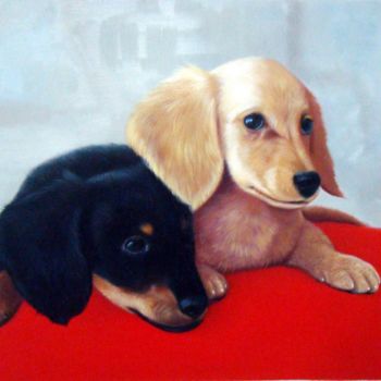 Painting titled "Portrait pet dog 021" by James Shang, Original Artwork, Oil Mounted on Wood Stretcher frame