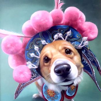Painting titled "Portrait pet dog 024" by James Shang, Original Artwork, Oil Mounted on Wood Stretcher frame