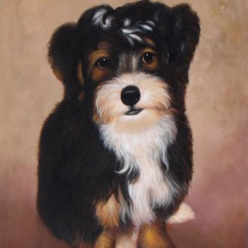 Painting titled "Portrait pet dog 025" by James Shang, Original Artwork, Oil Mounted on Wood Stretcher frame