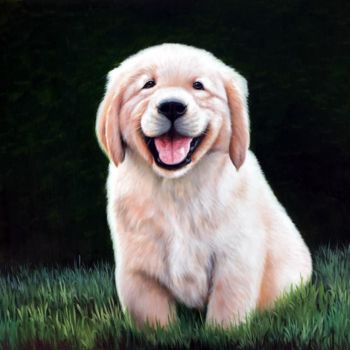 Painting titled "Portrait pet dog 035" by James Shang, Original Artwork, Oil Mounted on Wood Stretcher frame