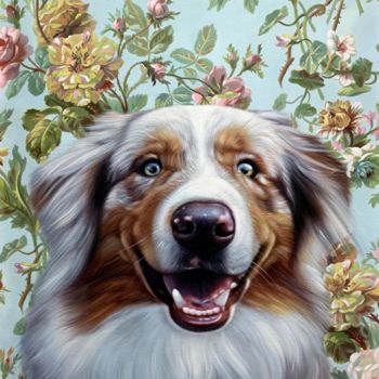 Painting titled "Portrait pet dog 041" by James Shang, Original Artwork, Oil Mounted on Wood Stretcher frame