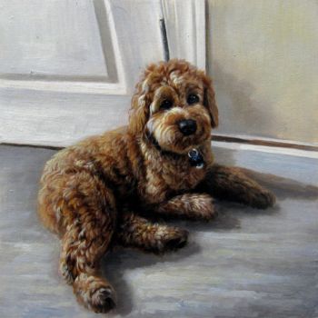Painting titled "Portrait pet dog 044" by James Shang, Original Artwork, Oil Mounted on Wood Stretcher frame