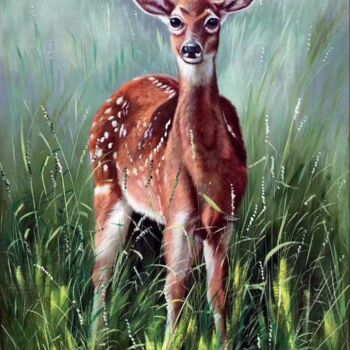 Painting titled "Deer 001D" by James Shang, Original Artwork, Oil Mounted on Wood Stretcher frame