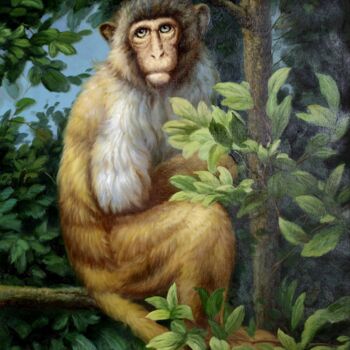 Painting titled "Monkey001D" by James Shang, Original Artwork, Oil Mounted on Wood Stretcher frame