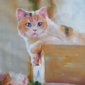 Painting titled "Cat 103D" by James Shang, Original Artwork, Oil Mounted on Wood Stretcher frame
