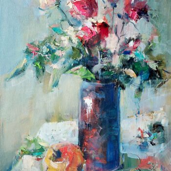 Painting titled "Red roses and an ap…" by Olesya Lopatina, Original Artwork, Oil Mounted on Cardboard
