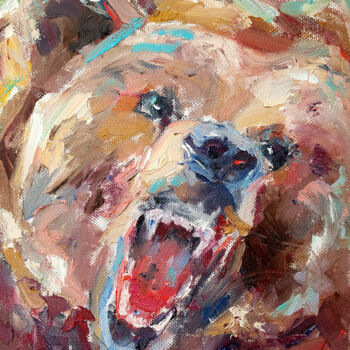 Painting titled "Grizzly bear growl" by Olesya Lopatina, Original Artwork, Oil Mounted on Wood Panel