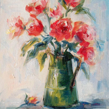 Painting titled "Roses in a green va…" by Olesya Lopatina, Original Artwork, Oil Mounted on Cardboard