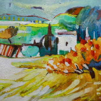 Pintura intitulada "Ferme provençale" por Monique Raiser, Obras de arte originais, Óleo Montado em Armação em madeira