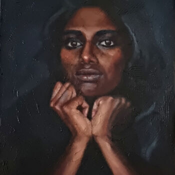 Painting titled "Indigo portrait" by Artmoods Tp, Original Artwork, Oil Mounted on Wood Panel