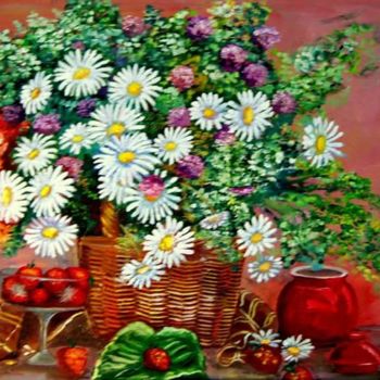 Malarstwo zatytułowany „Basket of daisies a…” autorstwa Ksenia Nikolaeva, Oryginalna praca, Olej