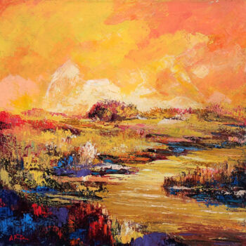 Painting titled "Sunset" by Arto Mkrtchyan, Original Artwork, Oil Mounted on Wood Stretcher frame