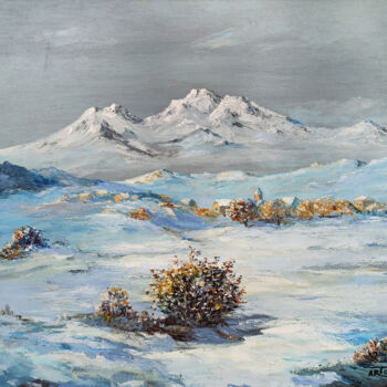 Schilderij getiteld "Winter landscape -…" door Arto Mkrtchyan, Origineel Kunstwerk, Olie Gemonteerd op Frame voor houten bra…