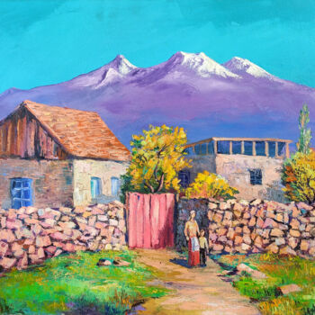 Painting titled "Rural scene" by Arto Mkrtchyan, Original Artwork, Oil Mounted on Wood Stretcher frame