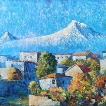 Painting titled "Mountain Sanctuary" by Arto Mkrtchyan, Original Artwork, Oil Mounted on Wood Stretcher frame