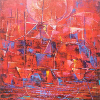 Painting titled "Scarlet Horizons" by Arto Mkrtchyan, Original Artwork, Oil Mounted on Wood Stretcher frame