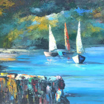 Pittura intitolato "Sailboats in Repose" da Arto Mkrtchyan, Opera d'arte originale, Olio Montato su Telaio per barella in le…