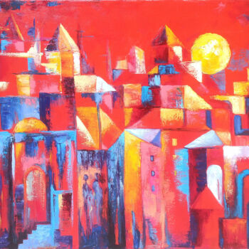 Painting titled "Abstract Urban Suns…" by Arto Mkrtchyan, Original Artwork, Oil Mounted on Wood Stretcher frame