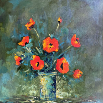Pittura intitolato "Vase of wild poppies" da Arto Mkrtchyan, Opera d'arte originale, Olio Montato su Telaio per barella in l…