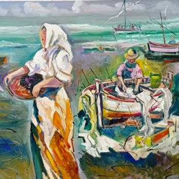"pescadores" başlıklı Tablo Pedro Castaño Gallardo tarafından, Orijinal sanat, Petrol Ahşap Sedye çerçevesi üzerine monte ed…