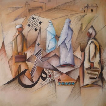 Malerei mit dem Titel "Le Souk traditionnel" von Brahim Idmouhmad, Original-Kunstwerk, Acryl