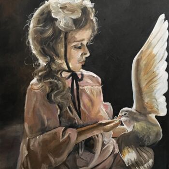 Картина под названием "Девочка и голубь" - Olga Puzikova, Подлинное произведение искусства, Масло Установлен на картон