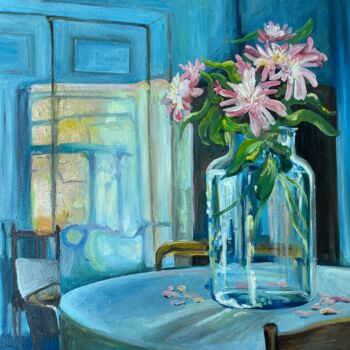 Painting titled "Flowers in a glass…" by Olga Puzikova, Original Artwork, Oil Mounted on Wood Stretcher frame