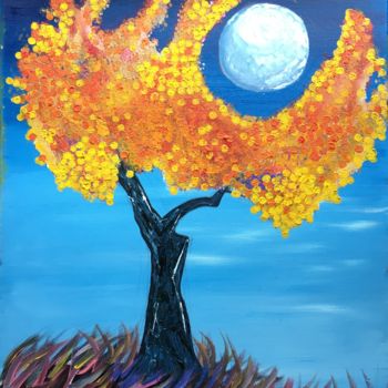 Painting titled "BRIGHT YELLOW TREE…" by Artrayal, Original Artwork, Oil