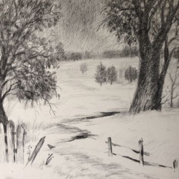 Drawing titled "December snowscape" by Roman Sergienko, Original Artwork, Charcoal