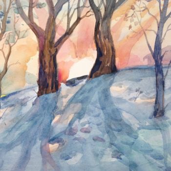 Peinture intitulée "Winter Sun" par Roman Sergienko, Œuvre d'art originale, Aquarelle