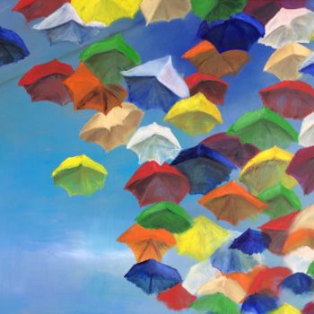 Peinture intitulée "Ubrella street" par Winnie Vandeweghe, Œuvre d'art originale, Huile