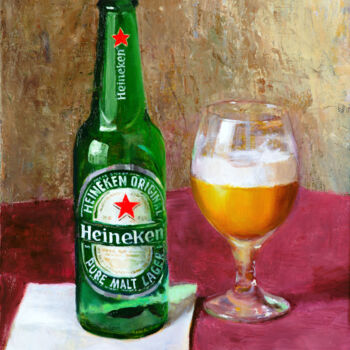 Painting titled "Heineken" by Artsmileball, Original Artwork, Oil Mounted on Wood Stretcher frame