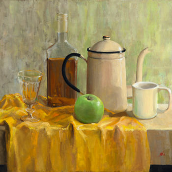 Painting titled "Green Apple" by Artsmileball, Original Artwork, Oil