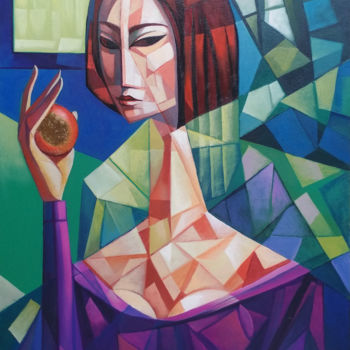 Painting titled "Girl with apple (60…" by Artsrun Asatryan, Original Artwork, Oil