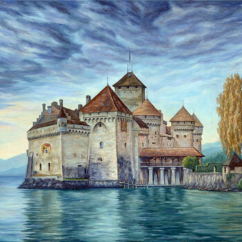 Painting titled "Chillon castle" by Artur Dobrovolskii, Original Artwork, Oil Mounted on Wood Stretcher frame
