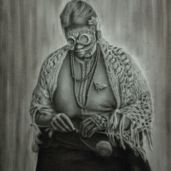 Drawing titled ""Steampunk Lady"" by Artur Hausmann, Original Artwork, Charcoal Mounted on Plexiglass