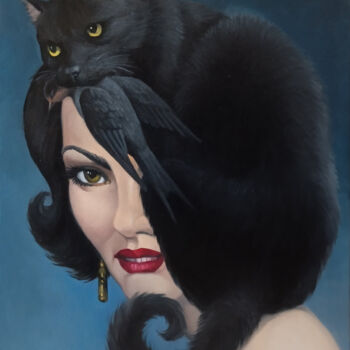Painting titled "Black cat 30x40cm,…" by Artush, Original Artwork, Oil Mounted on Wood Stretcher frame