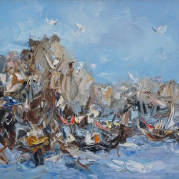 Pittura intitolato "Шумный берег." da Valeriy Ushkov, Opera d'arte originale, Olio