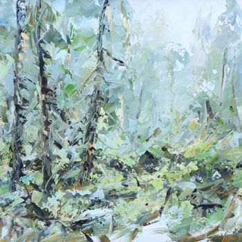 Painting titled "Туманное утро. 70х1…" by Valeriy Ushkov, Original Artwork, Oil Mounted on Wood Stretcher frame