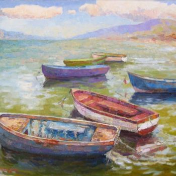 Painting titled "Boats" by Vachagan Manukyan, Original Artwork, Oil Mounted on Wood Stretcher frame