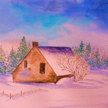 Painting titled "Cabane dans la neige" by Artverne, Original Artwork