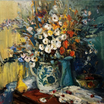Painting titled "August flowers" by Viktor Volkov, Original Artwork, Oil