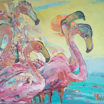 Painting titled "Flamingo dance" by Viktor Volkov, Original Artwork, Oil
