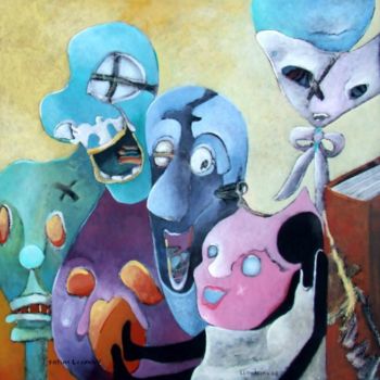 Painting titled "Les masques du livre" by Artvrai, Original Artwork, Oil